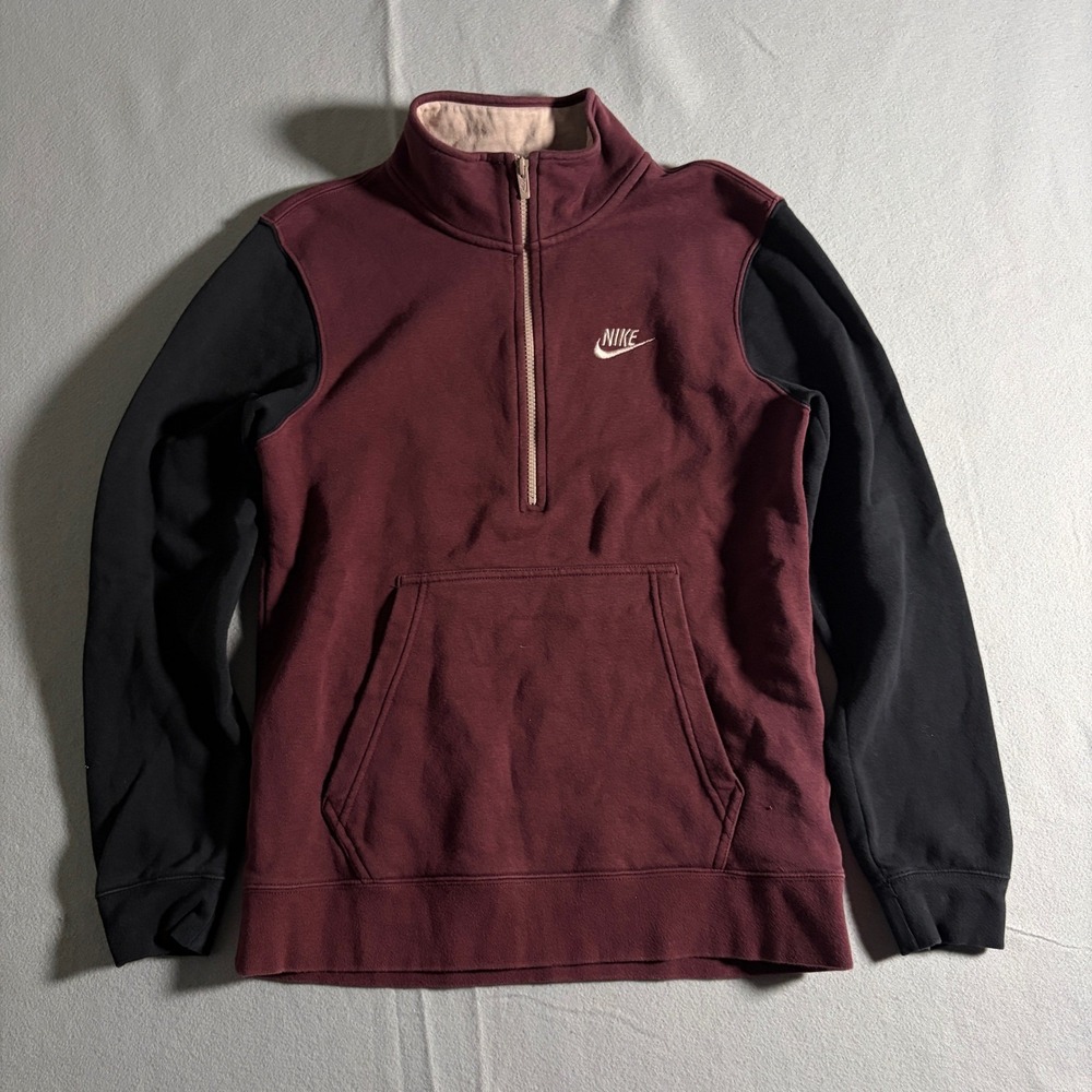 Nike Mens Quarter Zip Pullover Sweatshirt Maroon Black Colorblock Small